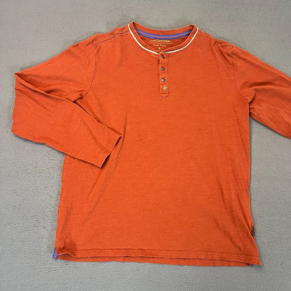 Six Lincoln New York‎ Men's Large Henley Button Shirt Long Sleeve Orange Patch